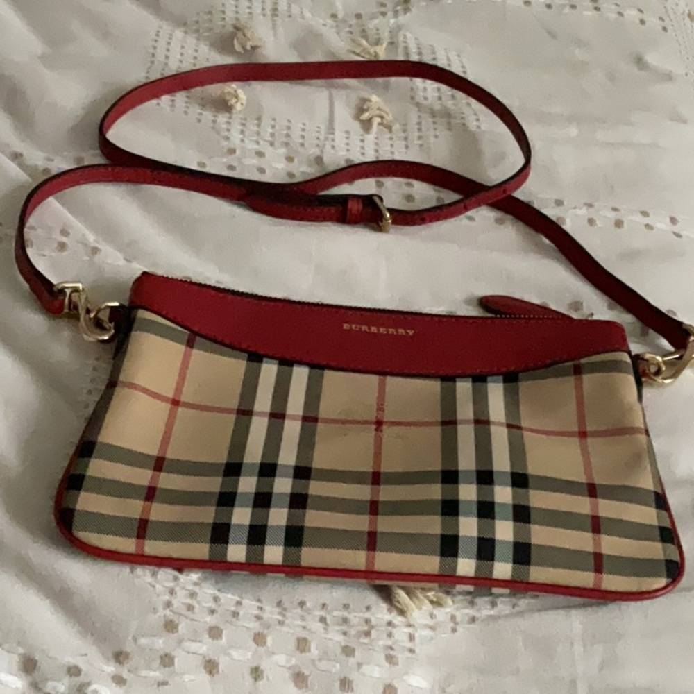 Burberry Red and Tan Crossbody Bag with Iconic Check Pattern